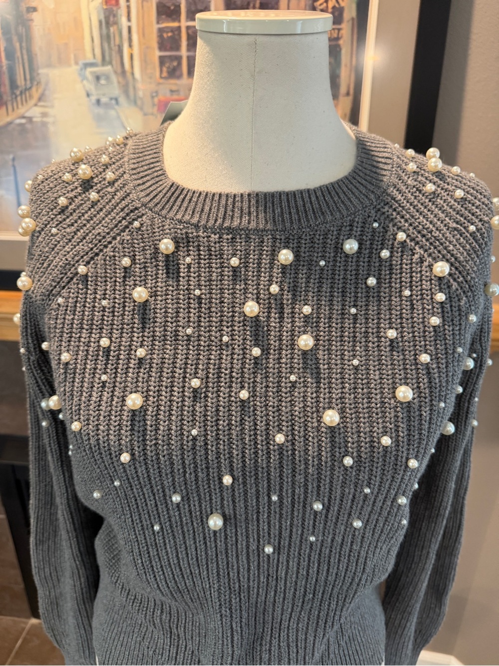 Women's Loft NWT Grey Pearl-Embellished Sweater - Picture 2 of 9